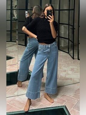 ZARA CROP WIDE LEG FRONT SEAM Z1975 JEANS WITH A HIGH WAIST IN LIGHT BLUE